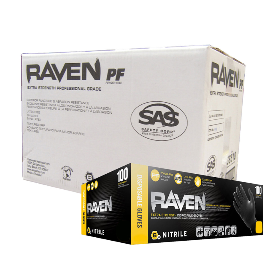 Medium SAS Safety 66517 Raven Powder-Free Disposable Black Nitrile 6 Mil Gloves