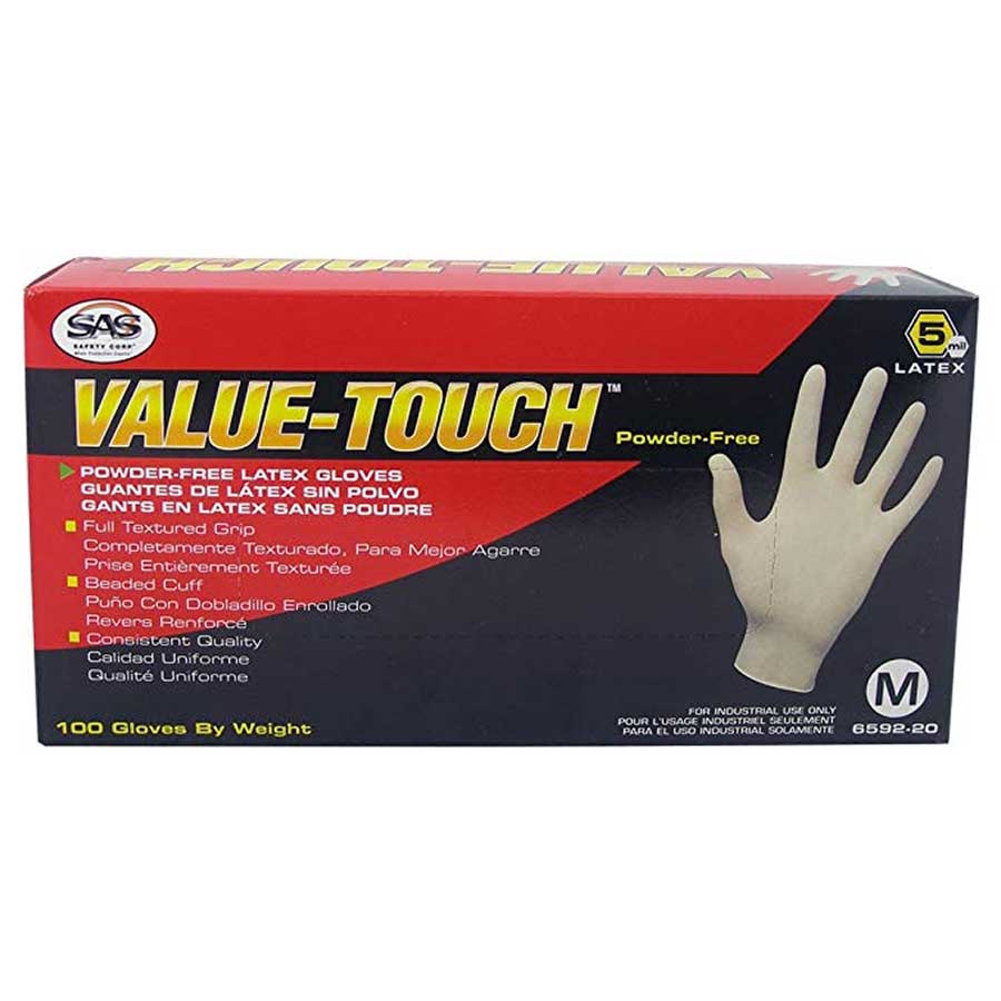 SAS Safety 6593 Value-Touch Disposable Latex 5 Mil Gloves 100 Gloves Large 