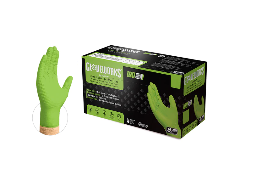 GLOVEWORKS HEAVY DUTY, GREEN POWDER-FREE DISPOSABLE NITRILE GLOVES, 10  BOXES OF 100