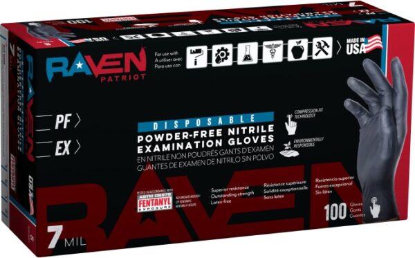 Raven® Patriot Powder-Free Exam Grade Nitrile Disposable Gloves - 7 Mil - (10 boxes of 100)